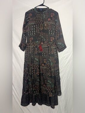 Only Black Paisley & Geometric Maxi Dress with Red Tassel
